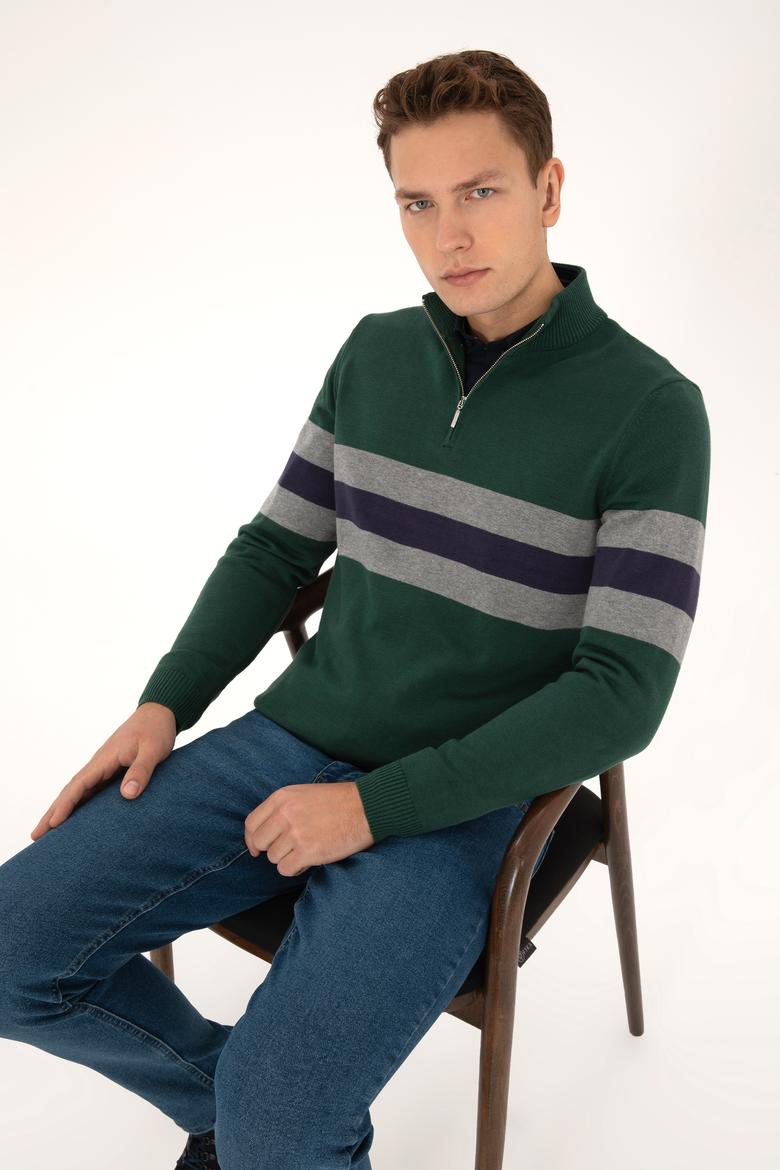 Erkek Regular Fit Yarım Fermuarlı Koyu Yeşil Kazak