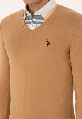 Erkek Slim Fit V Yaka Camel Basic Triko Kazak - 50313662097