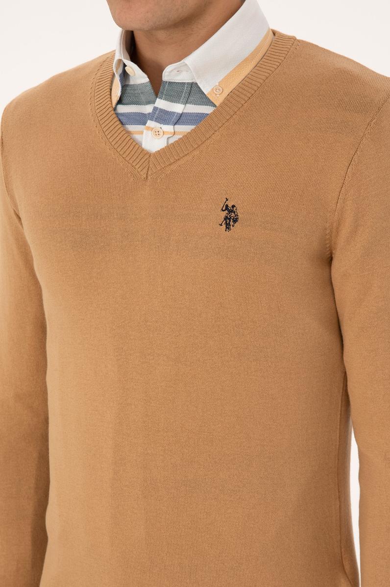 Erkek Slim Fit V Yaka Camel Basic Triko Kazak