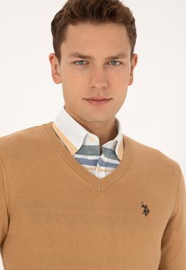 Erkek Slim Fit V Yaka Camel Basic Triko Kazak - 50313662097