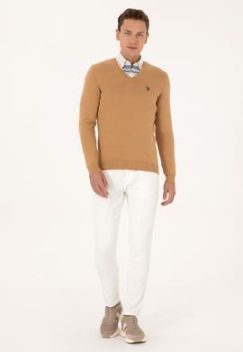 Erkek Slim Fit V Yaka Camel Basic Triko Kazak - 50313662097