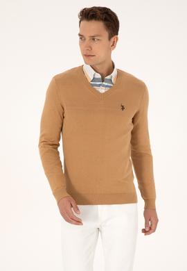 Erkek Slim Fit V Yaka Camel Basic Triko Kazak - 50313662097