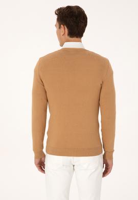 Erkek Slim Fit V Yaka Camel Basic Triko Kazak - 50313662097