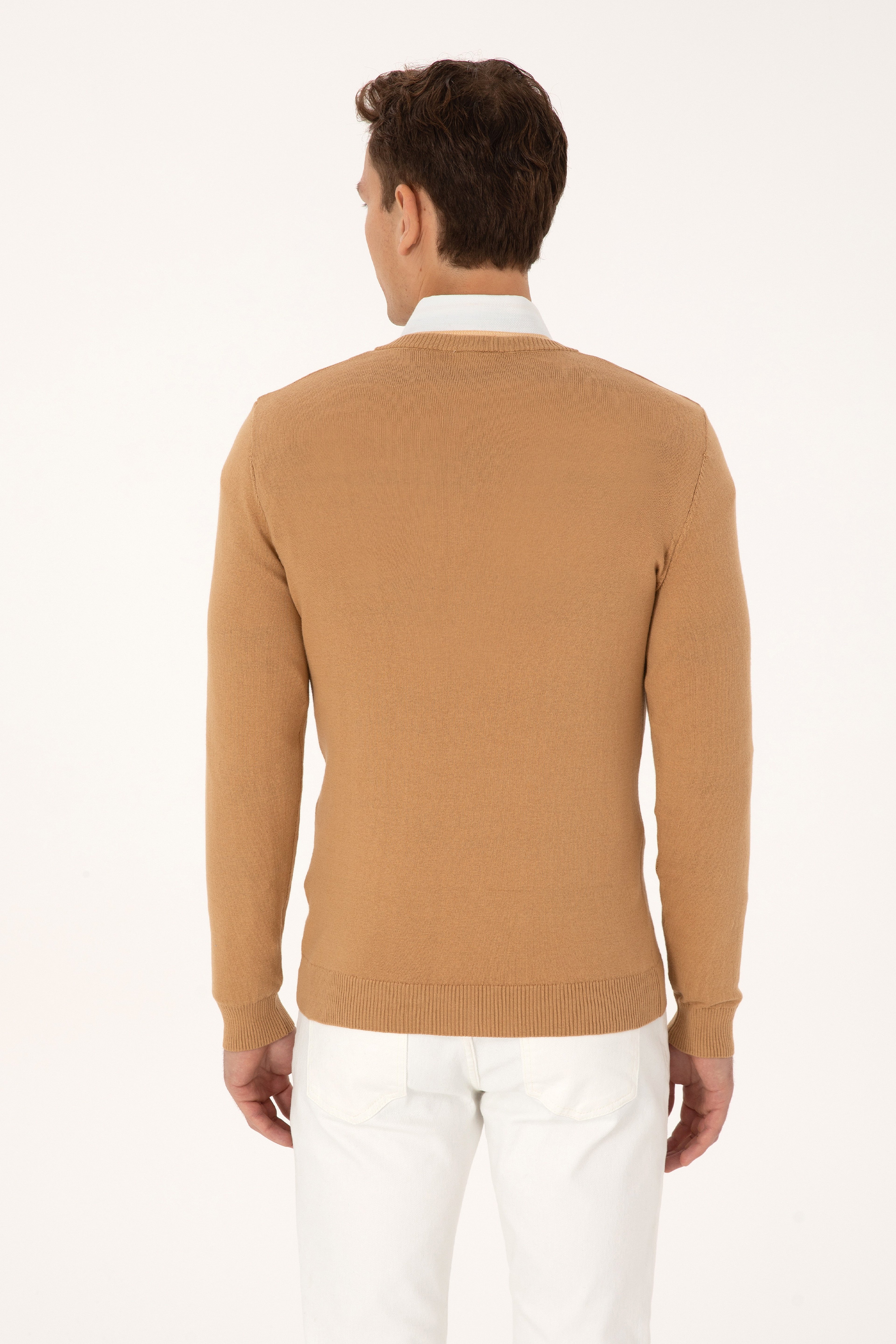 Erkek Slim Fit V Yaka Camel Basic Triko Kazak - Image 5