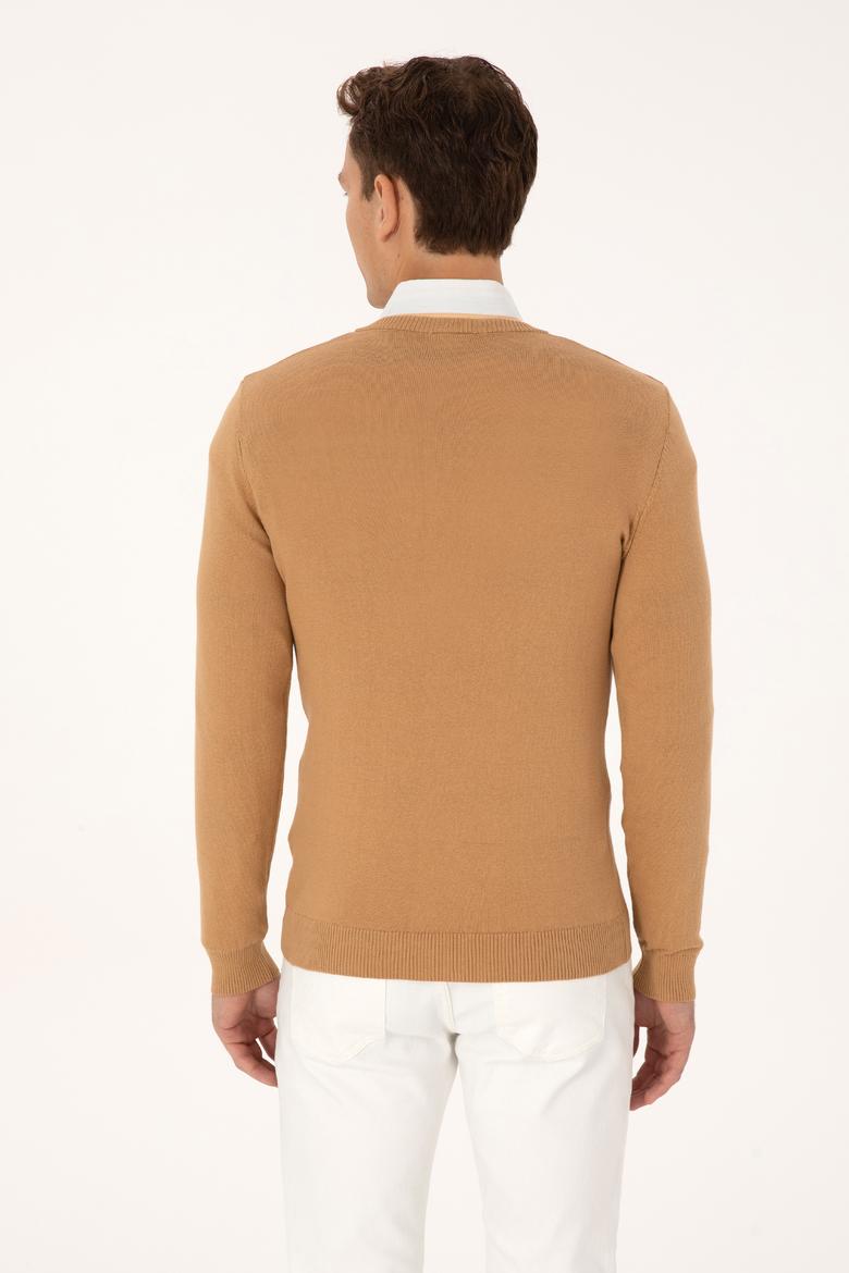 Erkek Slim Fit V Yaka Camel Basic Triko Kazak - 50313662097