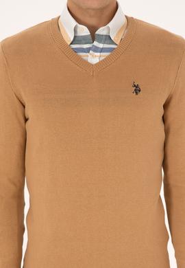 Erkek Slim Fit V Yaka Camel Basic Triko Kazak - 50313662097