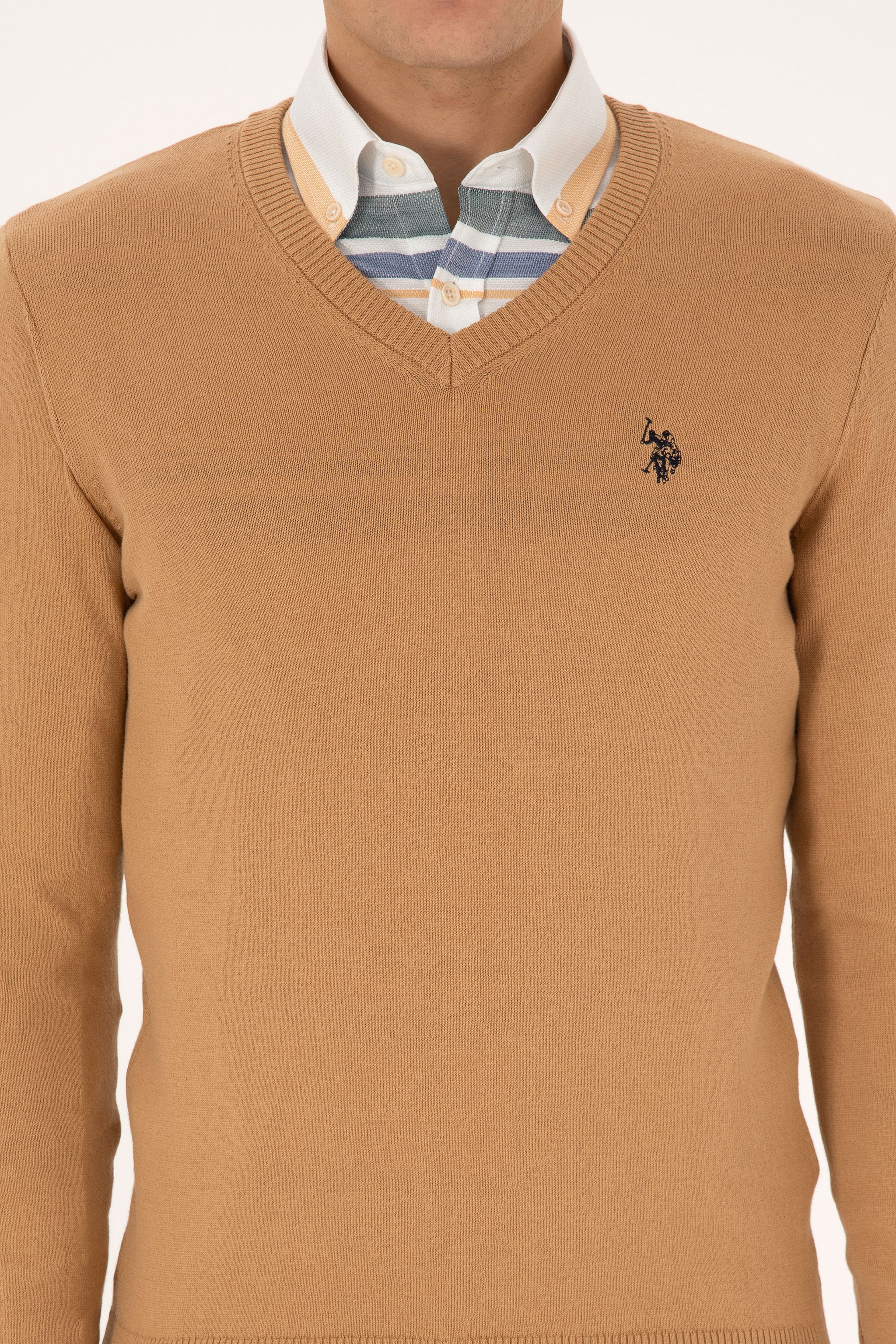 Erkek Slim Fit V Yaka Camel Basic Triko Kazak - Image 6