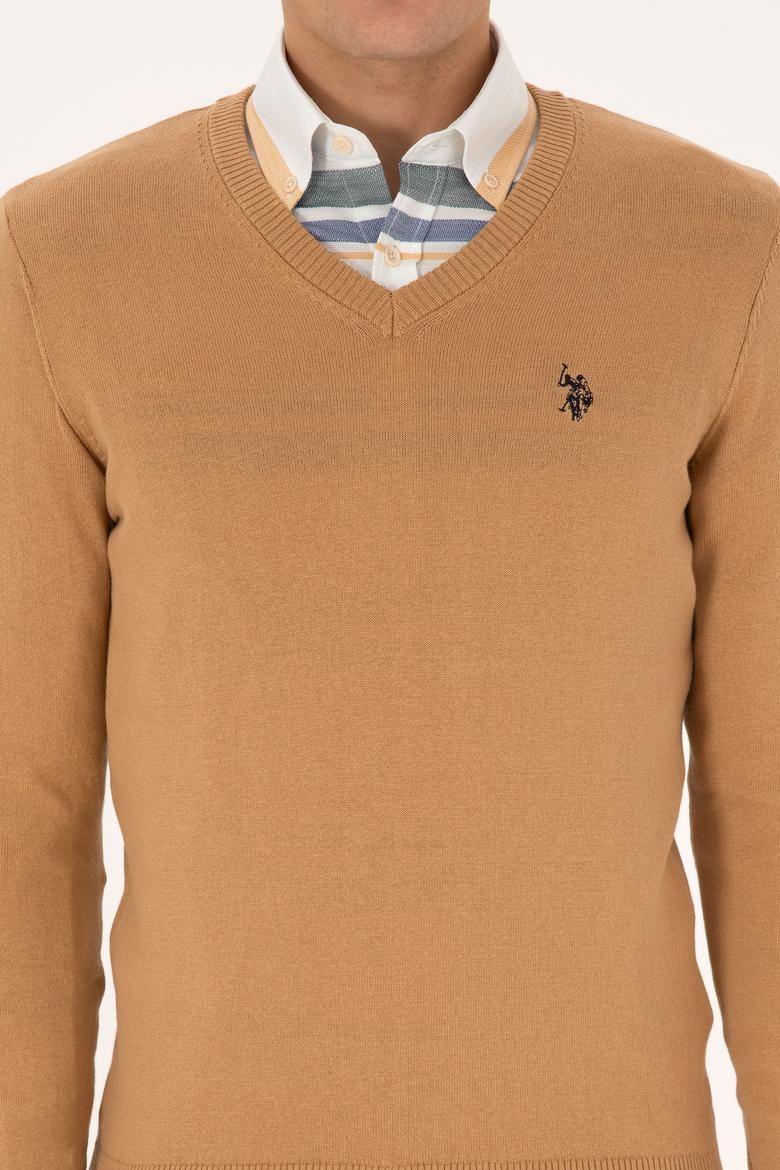 Erkek Slim Fit V Yaka Camel Basic Triko Kazak - 50313662097