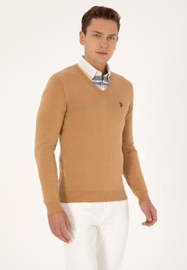 Erkek Slim Fit V Yaka Camel Basic Triko Kazak - 50313662097