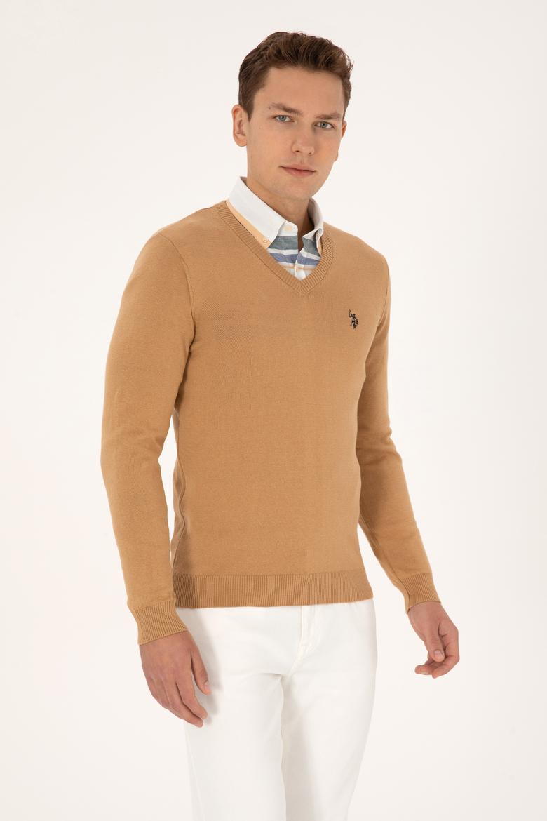 Erkek Slim Fit V Yaka Camel Basic Triko Kazak - 50313662097