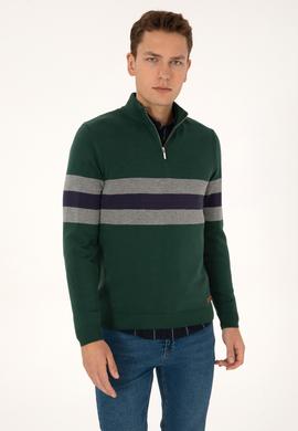 Erkek Regular Fit Yarım Fermuarlı Koyu Yeşil Kazak - 50315034043