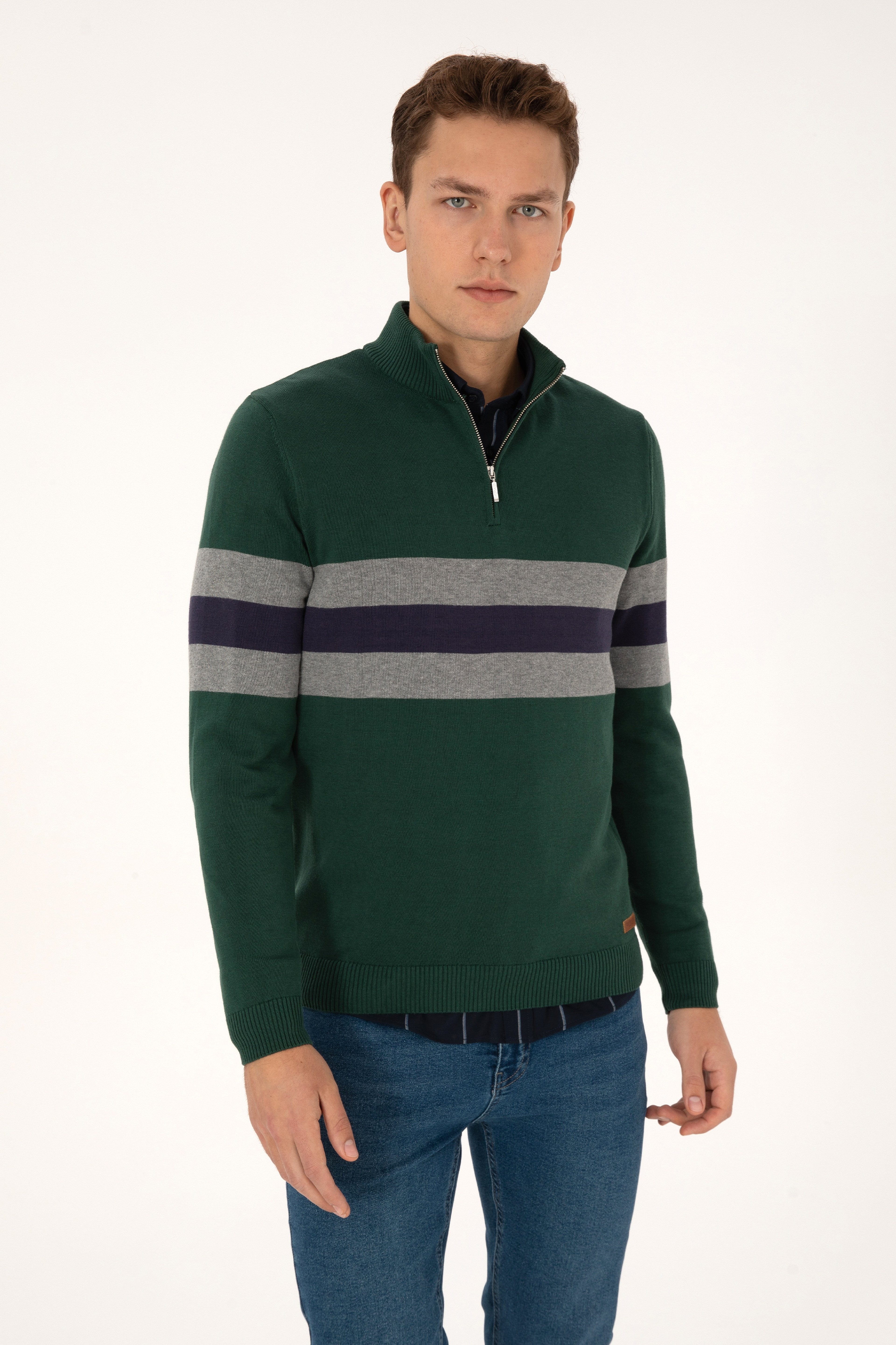 Erkek Regular Fit Yarım Fermuarlı Koyu Yeşil Kazak
