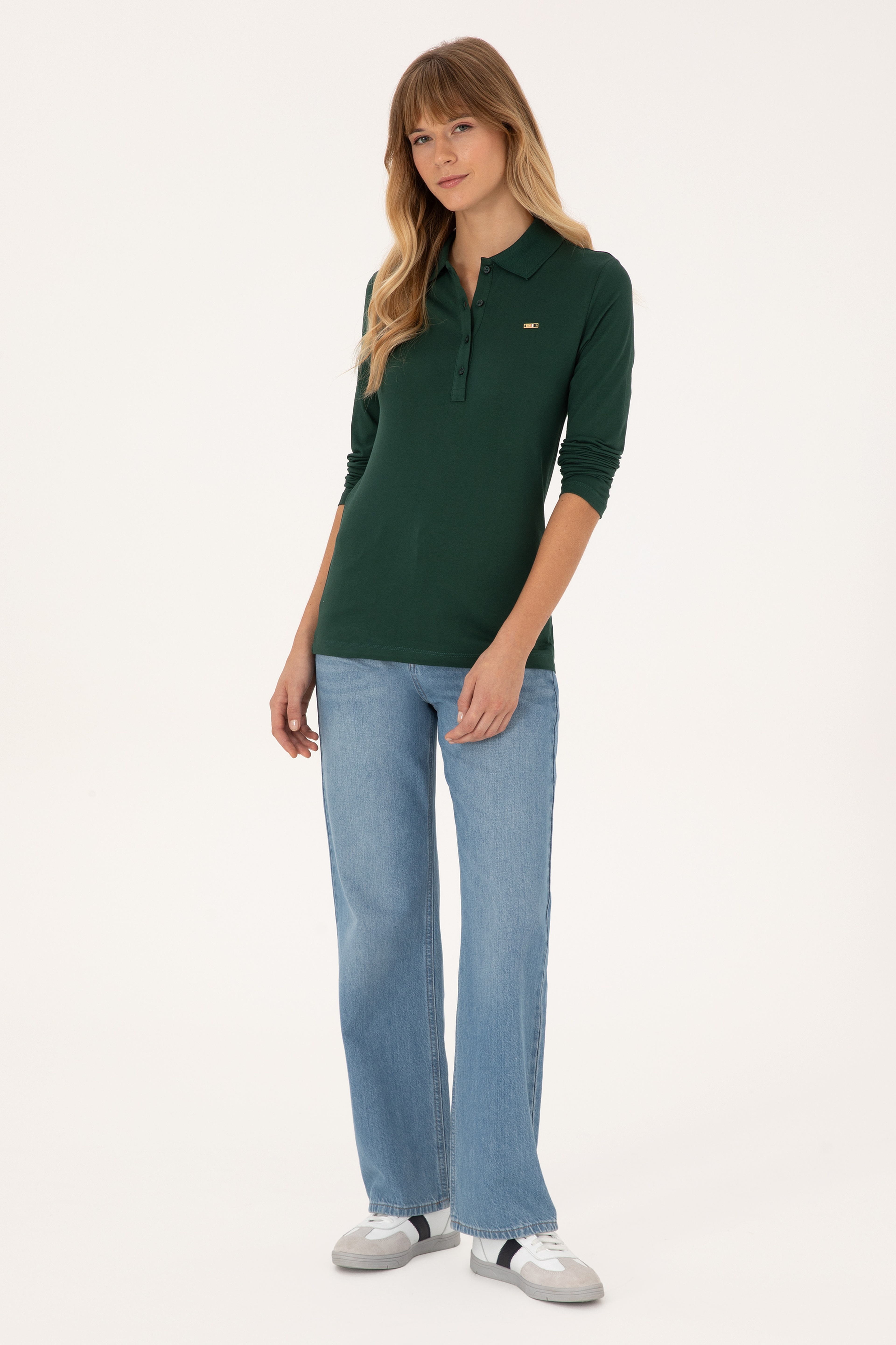 Kadın Koyu Yeşil Basic Polo Yaka Sweatshırt - Image 4