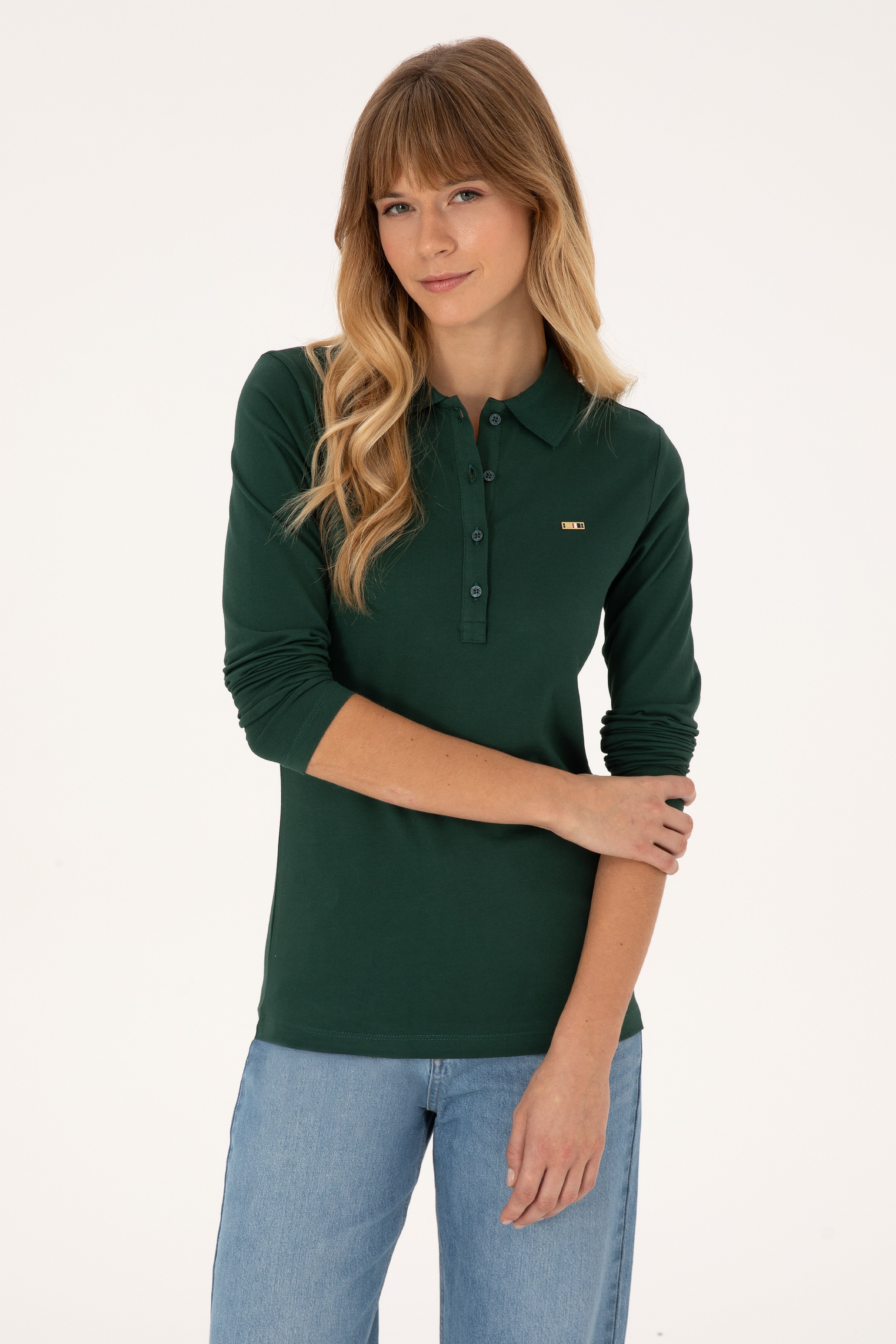 Kadın Koyu Yeşil Basic Polo Yaka Sweatshırt - Image 3