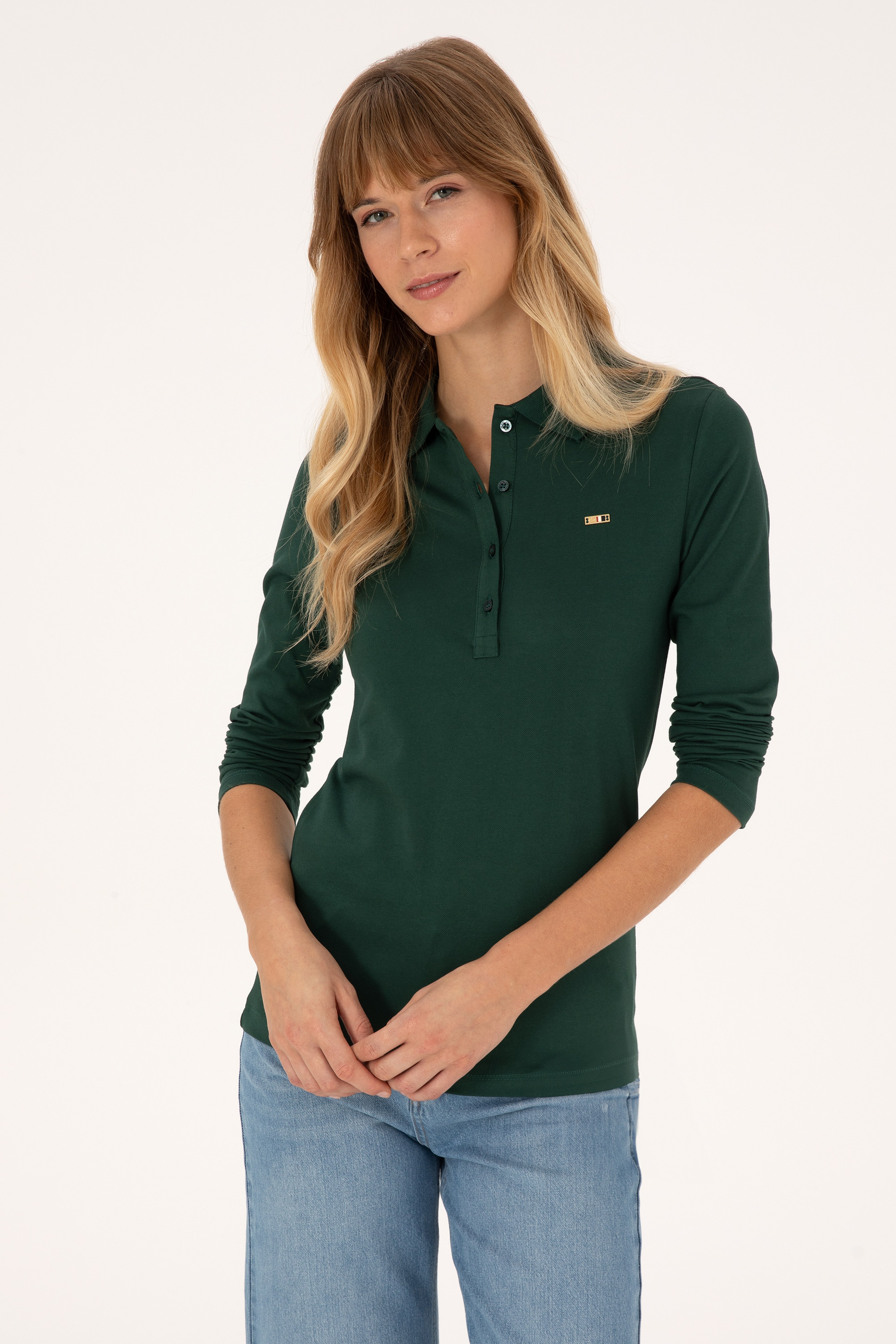 Kadın Koyu Yeşil Basic Polo Yaka Sweatshırt - Image 1