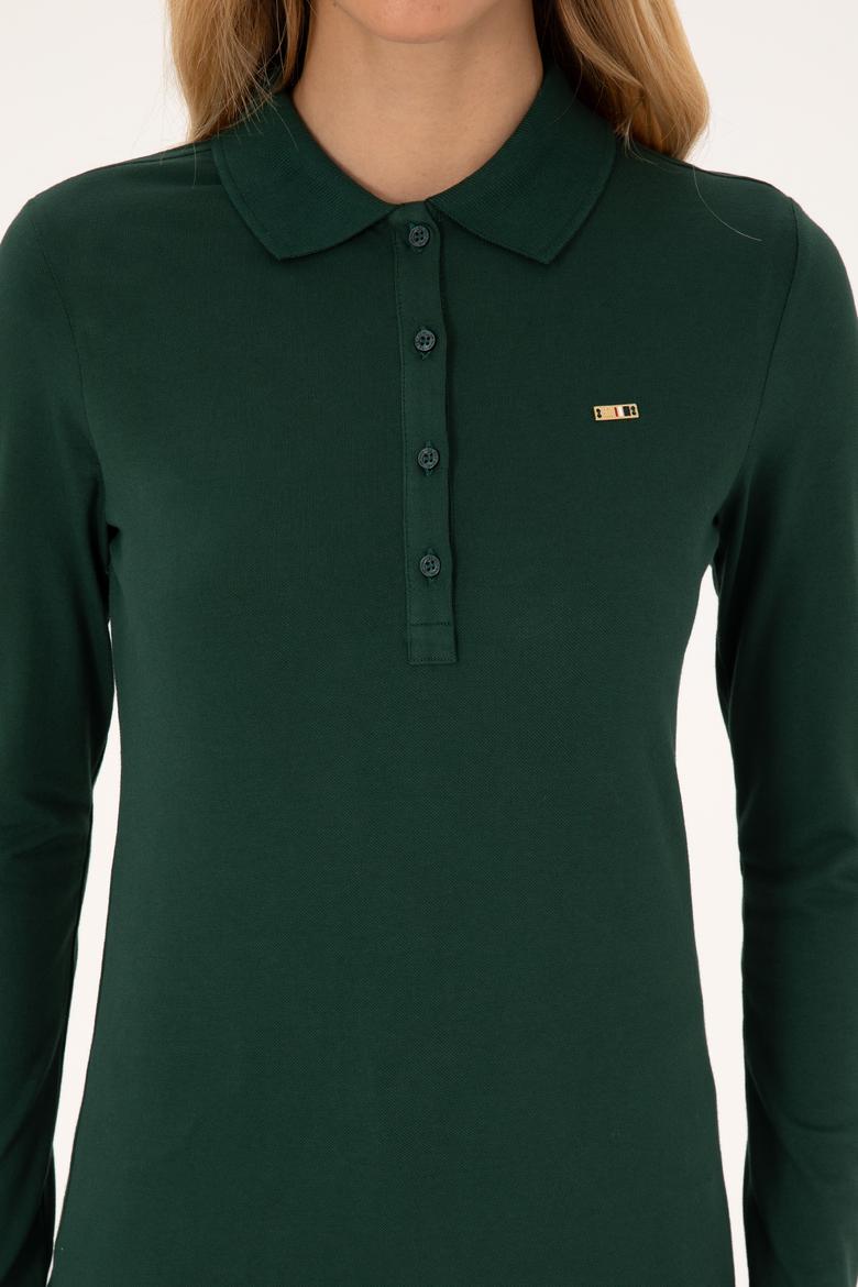 Kadın Koyu Yeşil Basic Polo Yaka Sweatshırt - 50313593036
