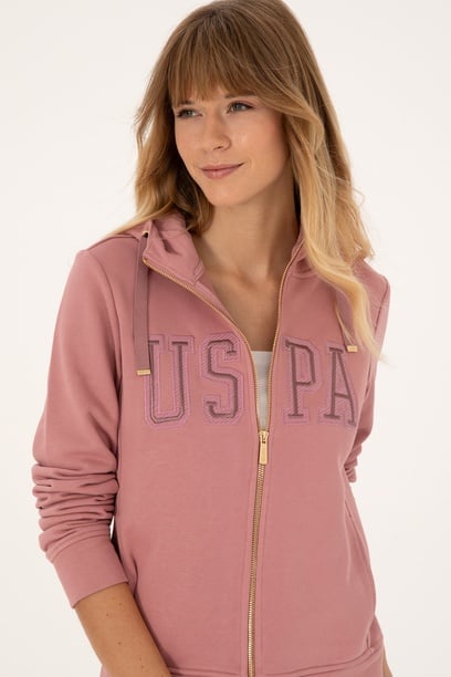 Kadın Gül Kurusu Fermuarlı Kapüşonlu Basic Sweatshirt