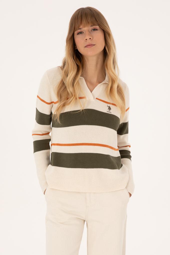 Kadın Krem Melanj Polo Yaka Kazak