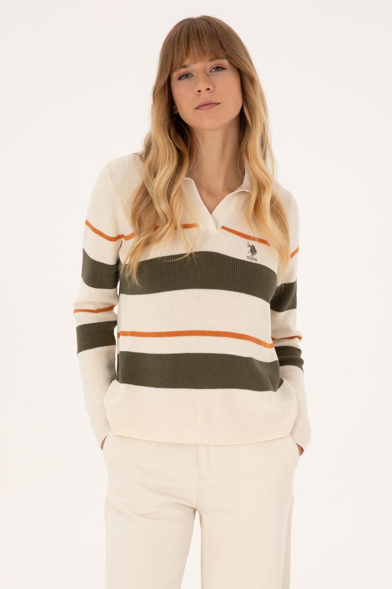 Kadın Krem Melanj Polo Yaka Kazak