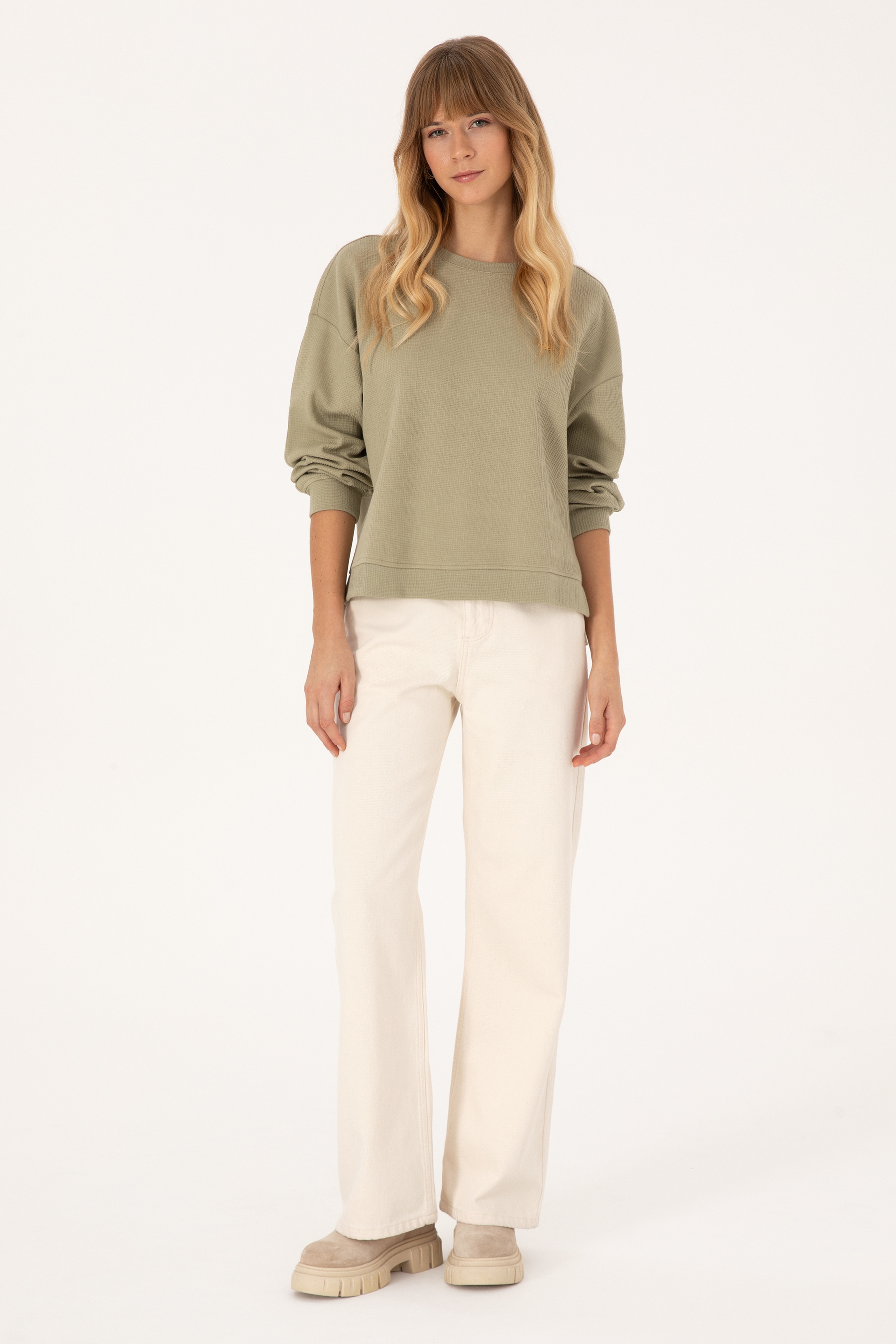Kadın Açık Haki Bisiklet Yaka Sweatshirt - Image 4