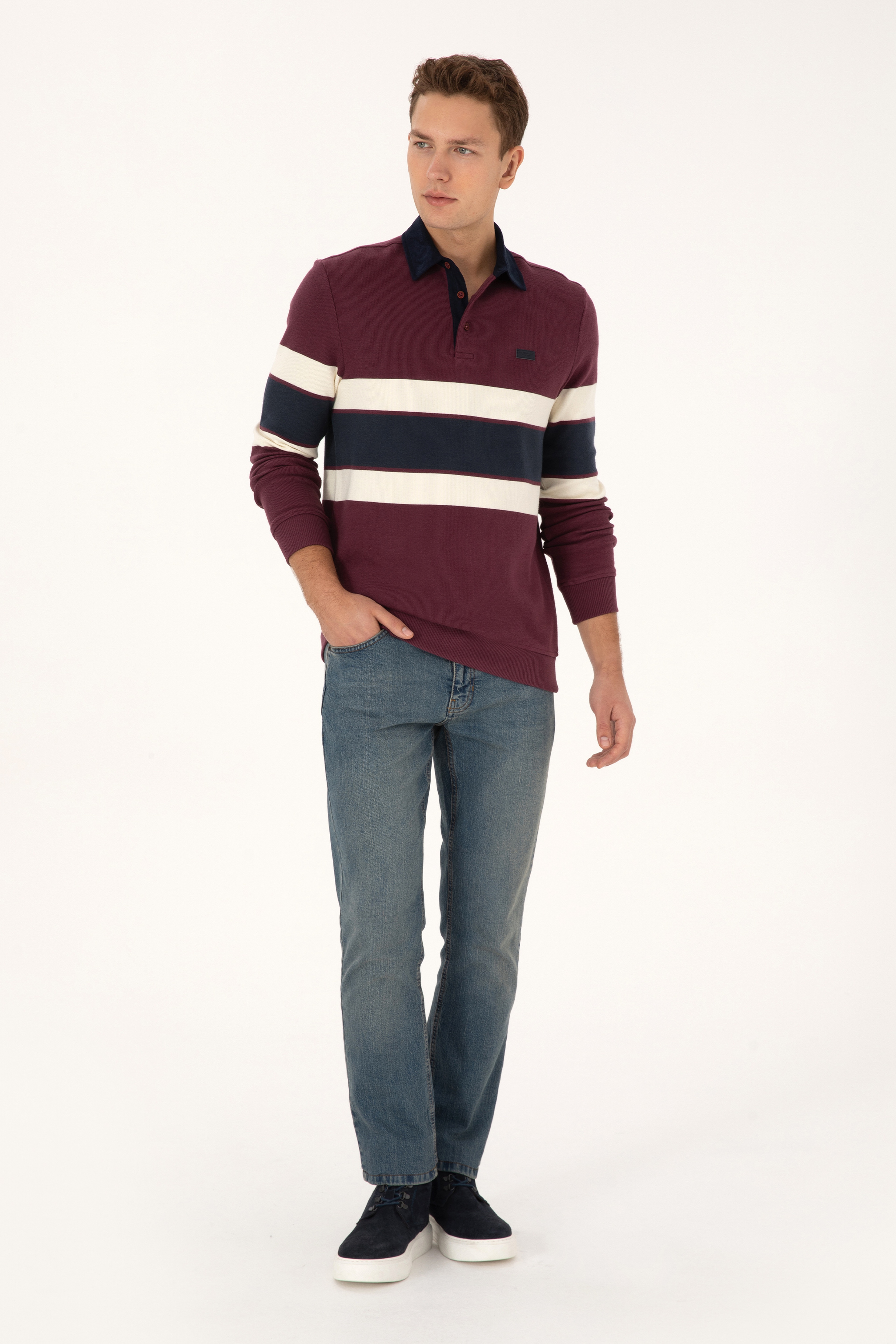 Erkek Regular Fit Bordo Polo Yaka Sweatshirt