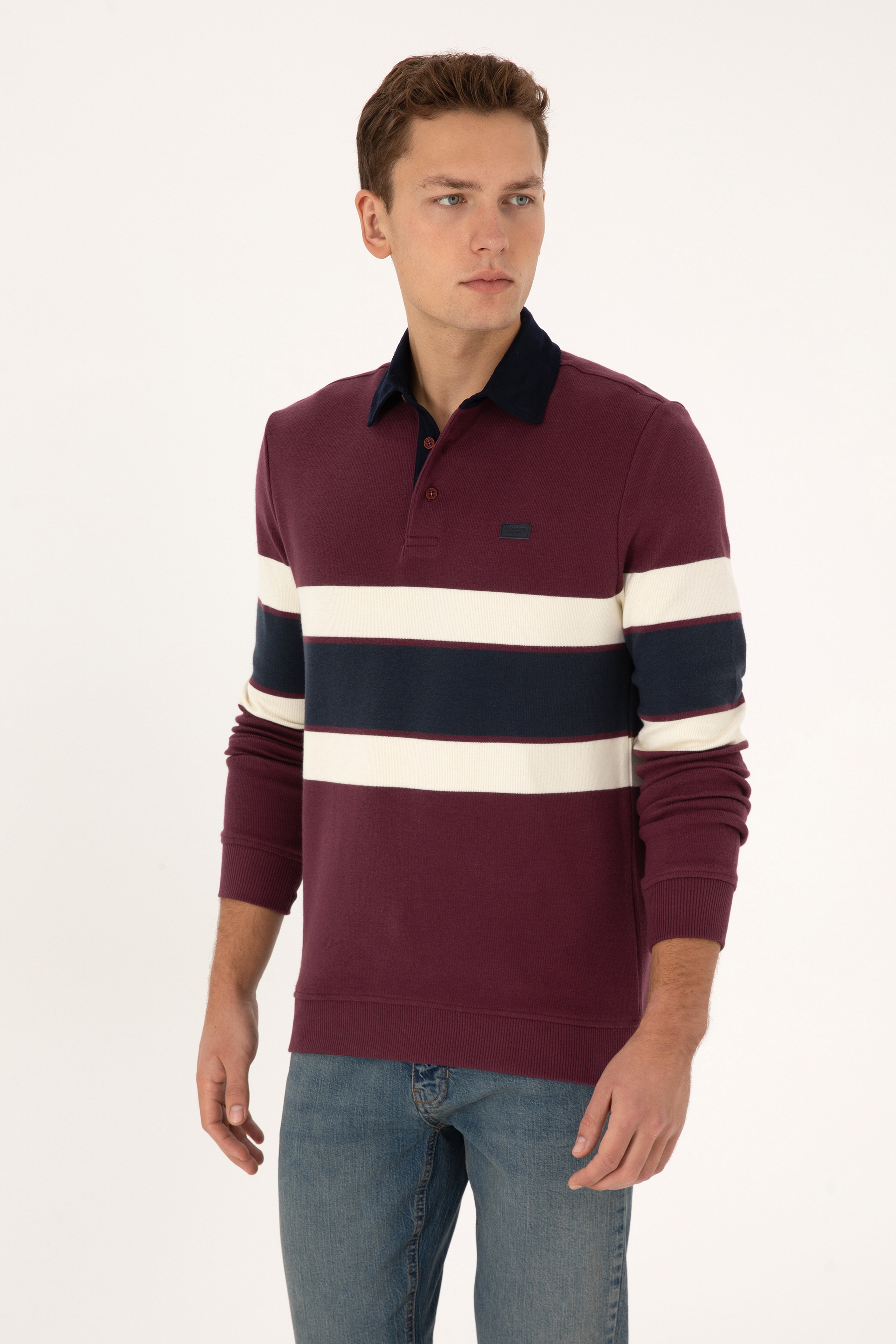 Erkek Regular Fit Bordo Polo Yaka Sweatshirt - Image 1