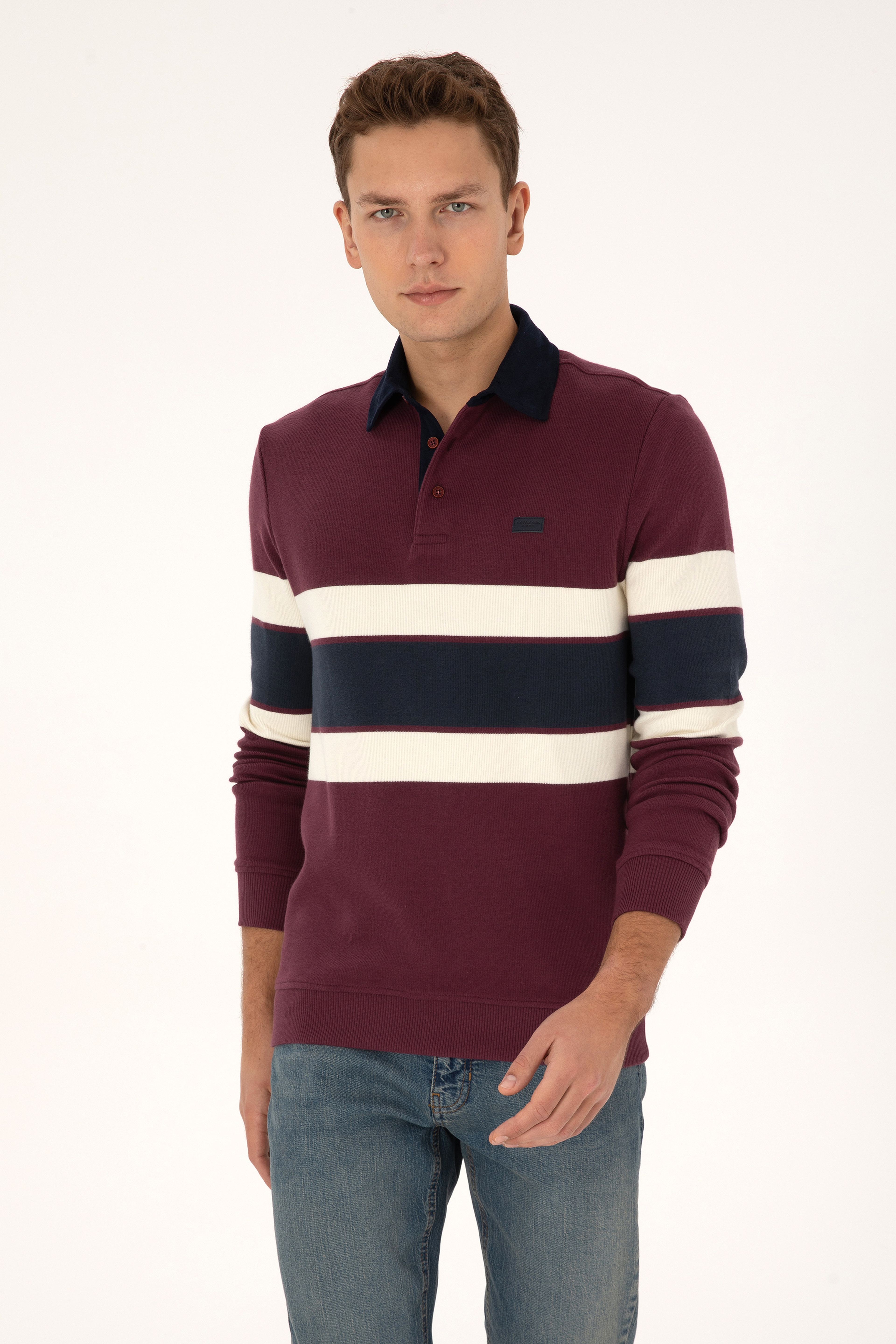 Erkek Regular Fit Bordo Polo Yaka Sweatshirt - Image 3