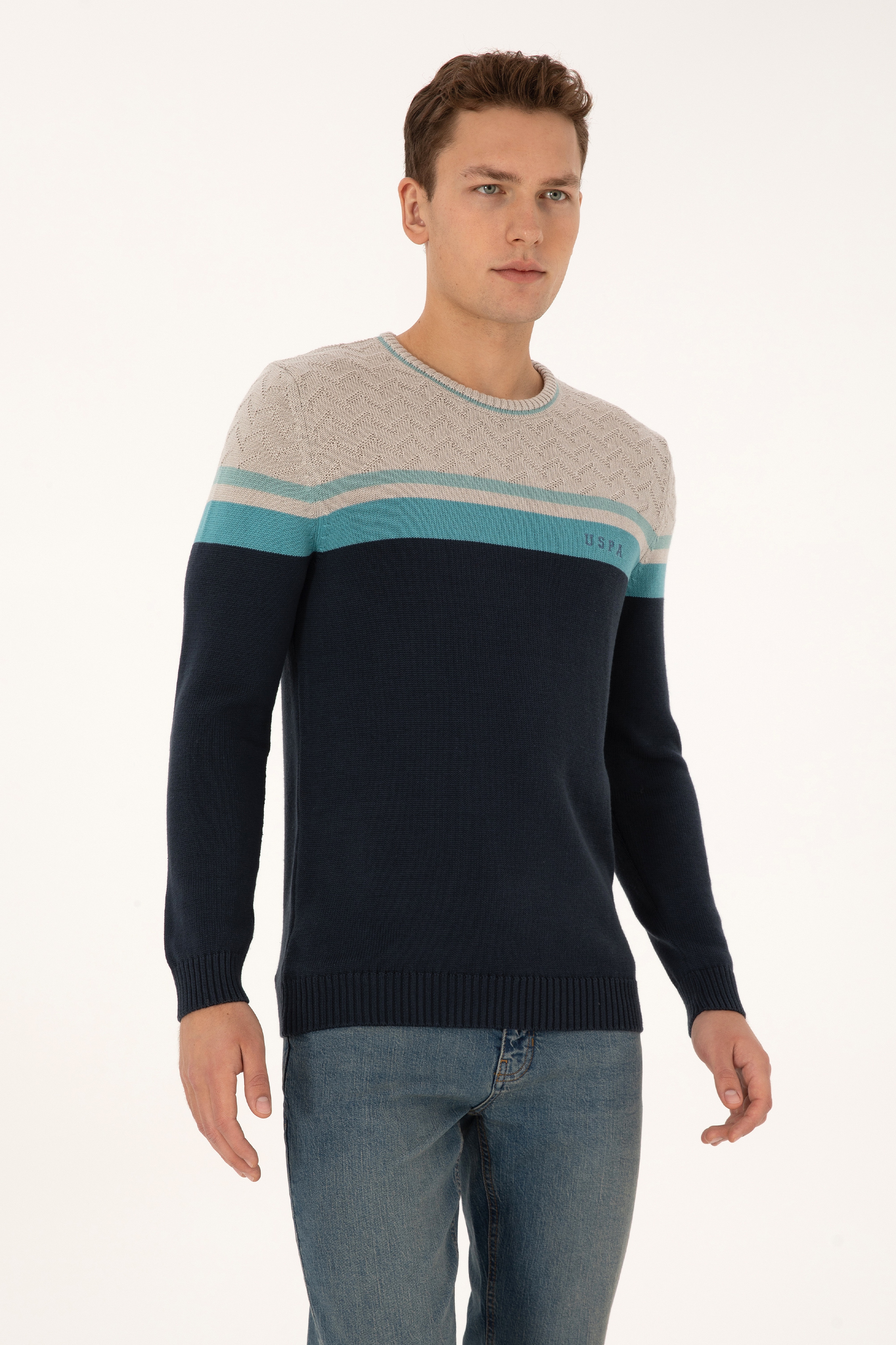 Erkek Açık Lacivert Regular Fit Bisiklet Yaka Kazak - Image 3