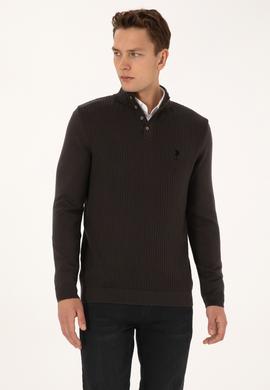 Erkek Regular Fit Düğmeli Yaka Antrasit Melanj Kazak - 50308915006