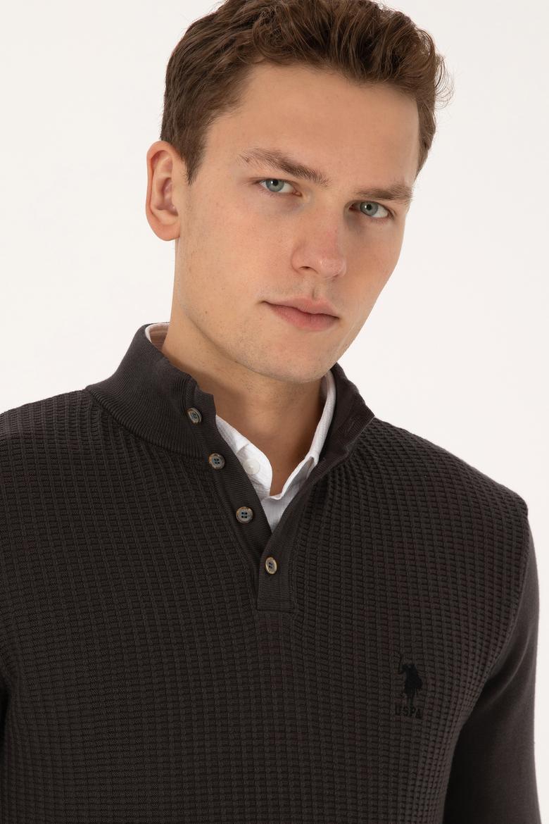 Erkek Regular Fit Düğmeli Yaka Antrasit Melanj Kazak - 50308915006