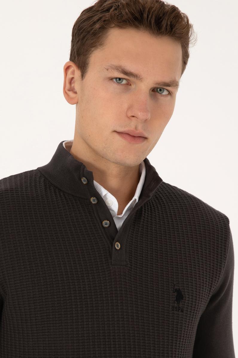 Erkek Regular Fit Düğmeli Yaka Antrasit Melanj Kazak