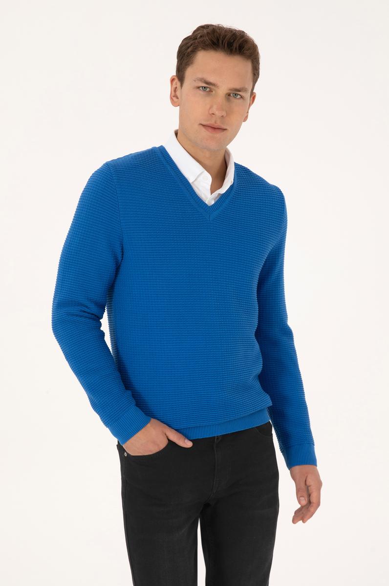 Erkek Regular Fit V Yaka Saks Kazak