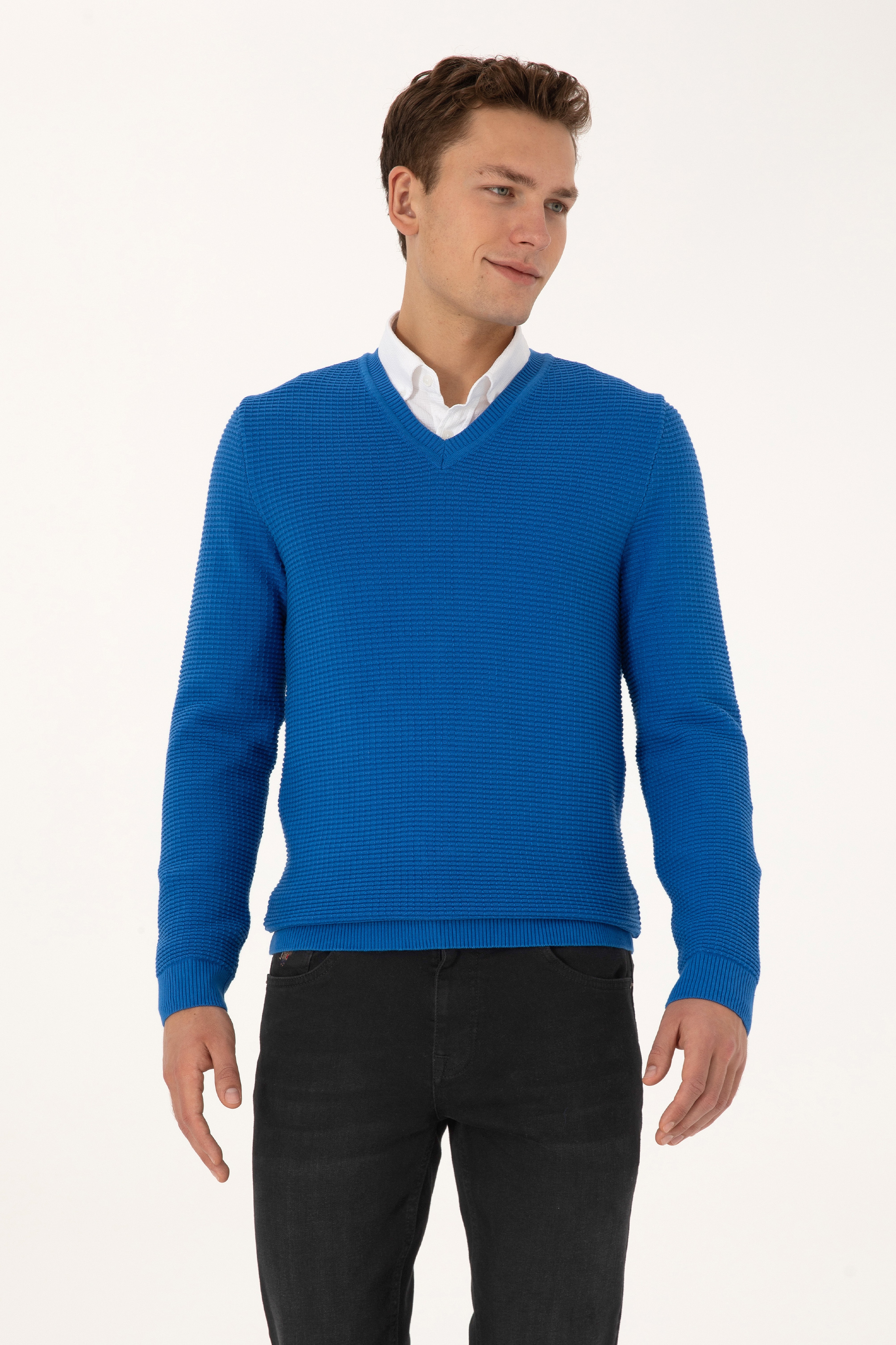 Erkek Regular Fit V Yaka Saks Kazak