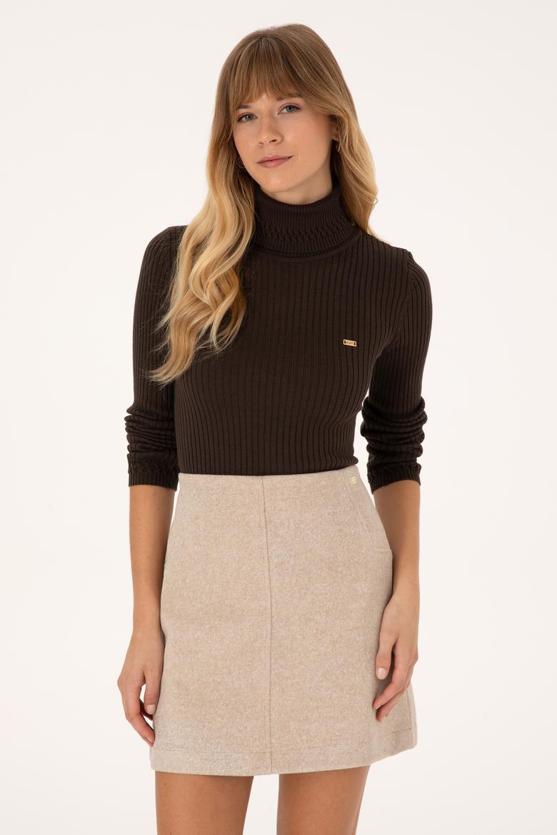 Kadın Koyu Kahverengi Boğazlı Kazak - 50307877025