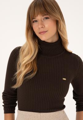 Kadın Koyu Kahverengi Boğazlı Kazak - 50307877025