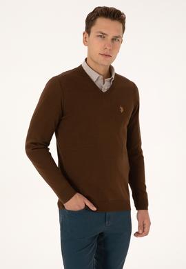 Erkek Slim Fit V Yaka Kahverengi Basic Triko Kazak - 50313662100