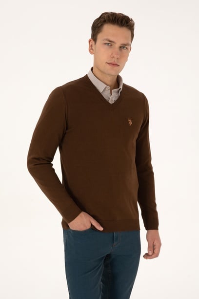 Erkek Slim Fit V Yaka Kahverengi Basic Triko Kazak