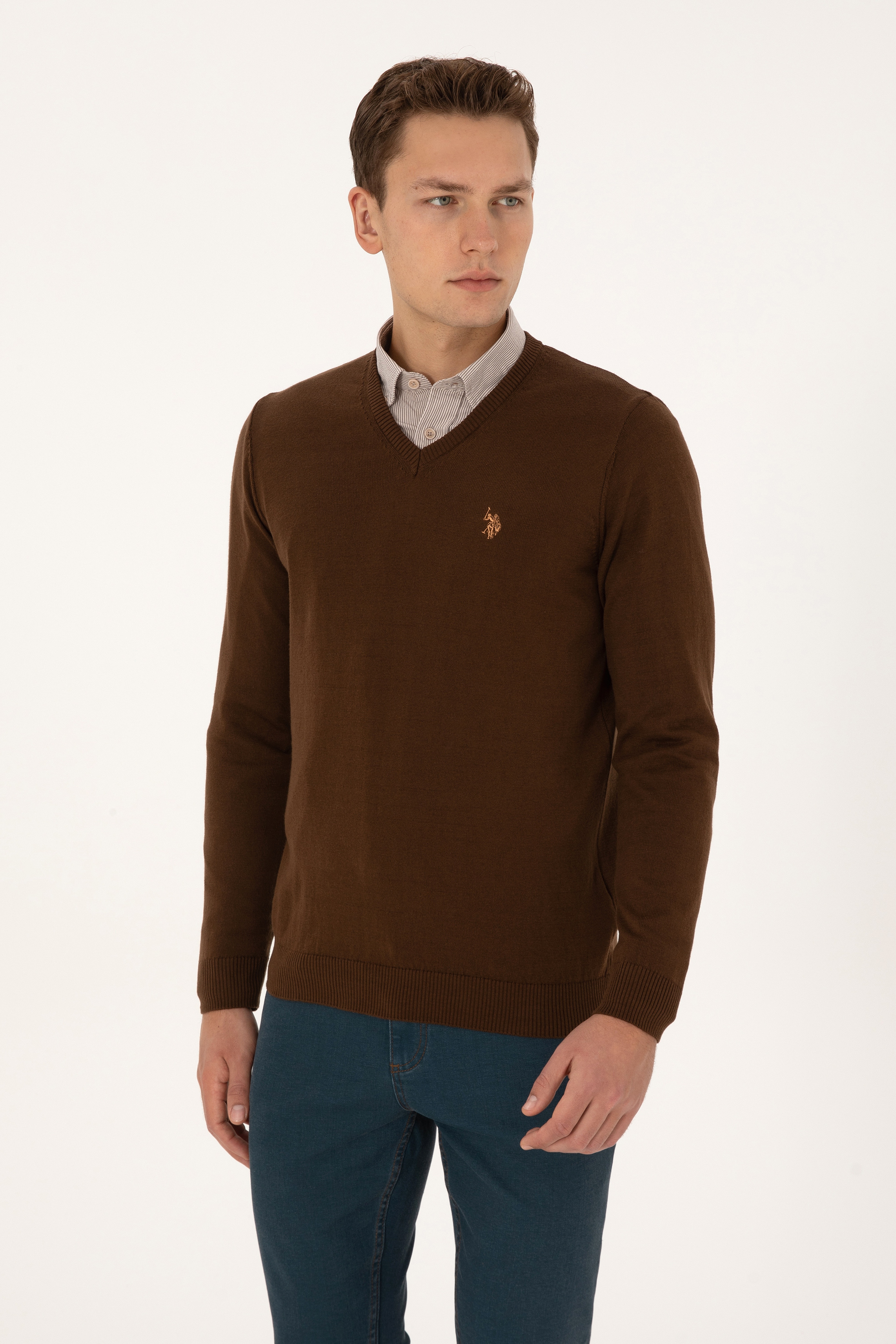 Erkek Slim Fit V Yaka Kahverengi Basic Triko Kazak