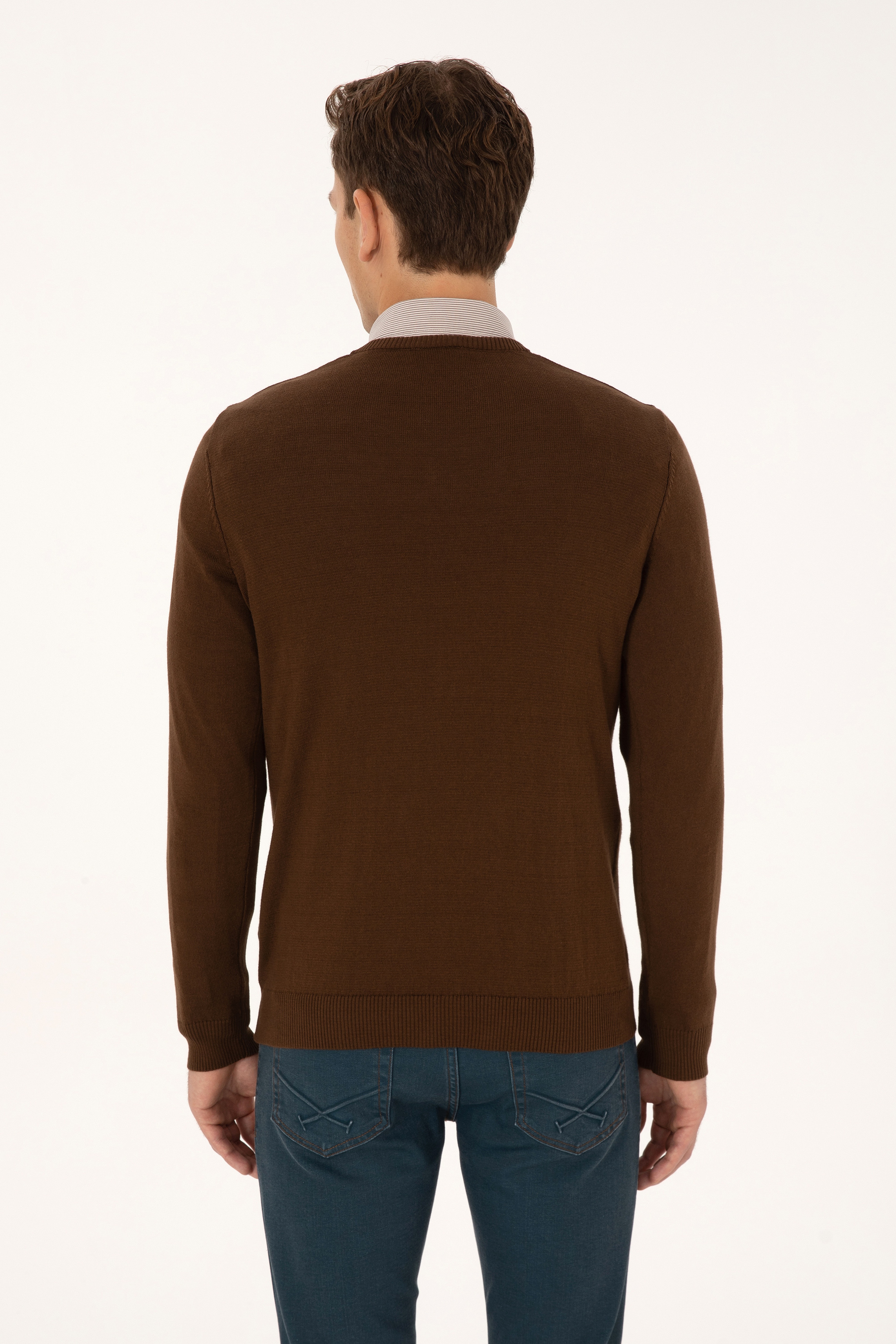 Erkek Slim Fit V Yaka Kahverengi Basic Triko Kazak - Image 5
