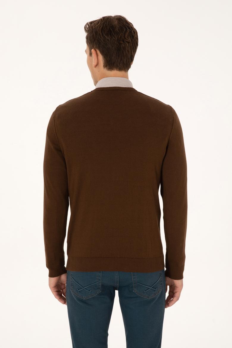 Erkek Slim Fit V Yaka Kahverengi Basic Triko Kazak - 50313662100