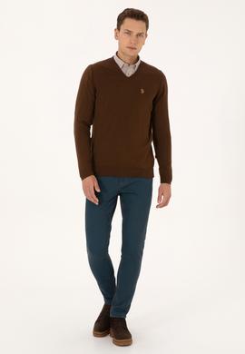 Erkek Slim Fit V Yaka Kahverengi Basic Triko Kazak - 50313662100