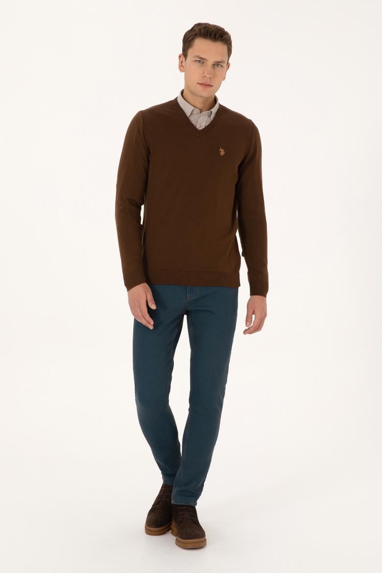 Erkek Slim Fit V Yaka Kahverengi Basic Triko Kazak - 50313662100