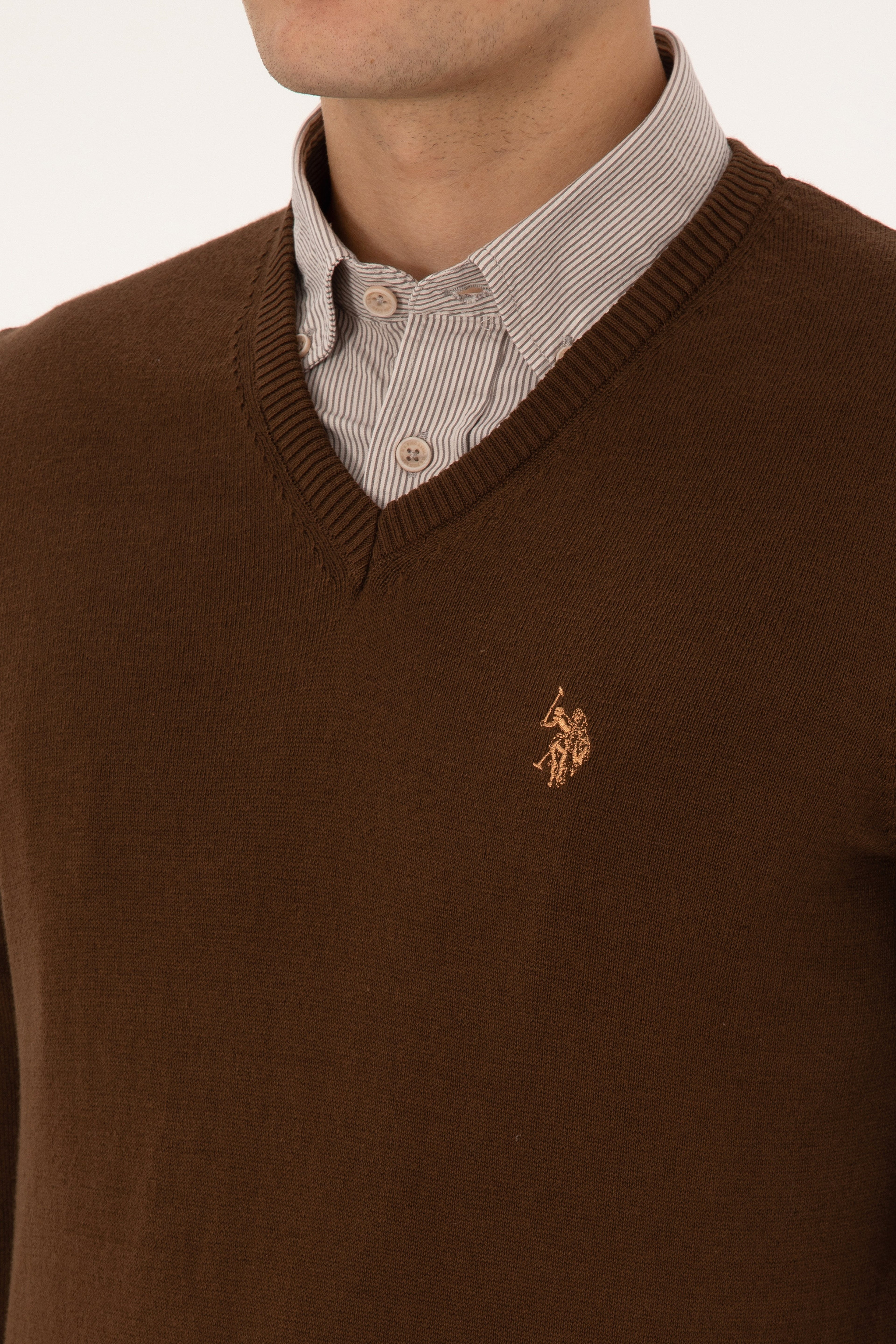 Erkek Slim Fit V Yaka Kahverengi Basic Triko Kazak
