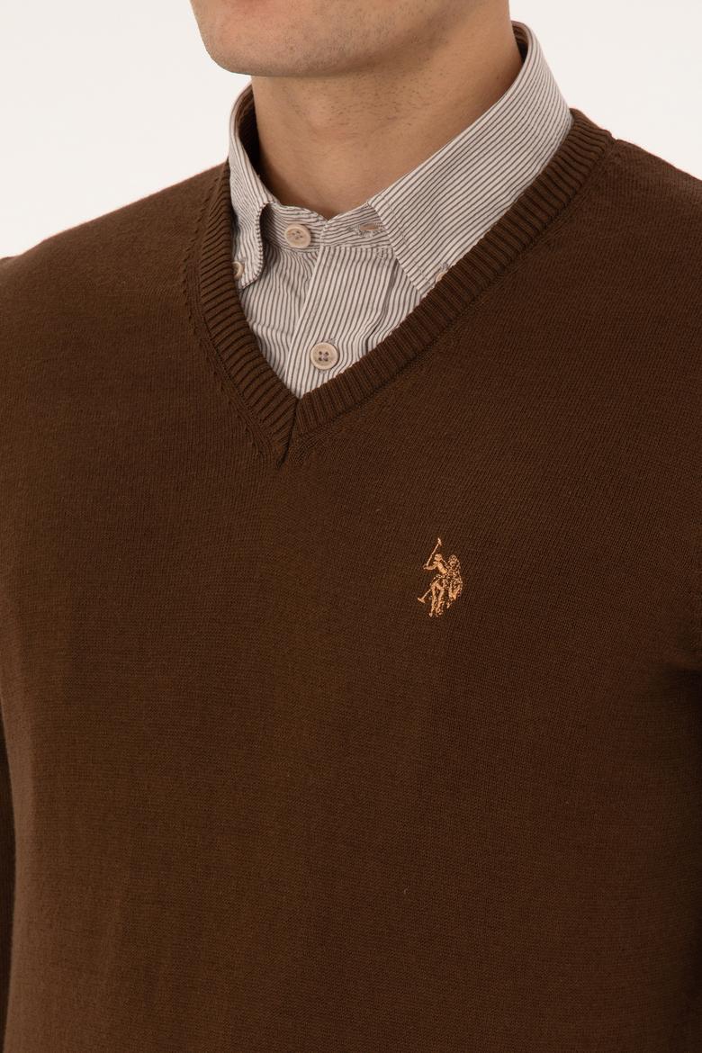 Erkek Slim Fit V Yaka Kahverengi Basic Triko Kazak - 50313662100