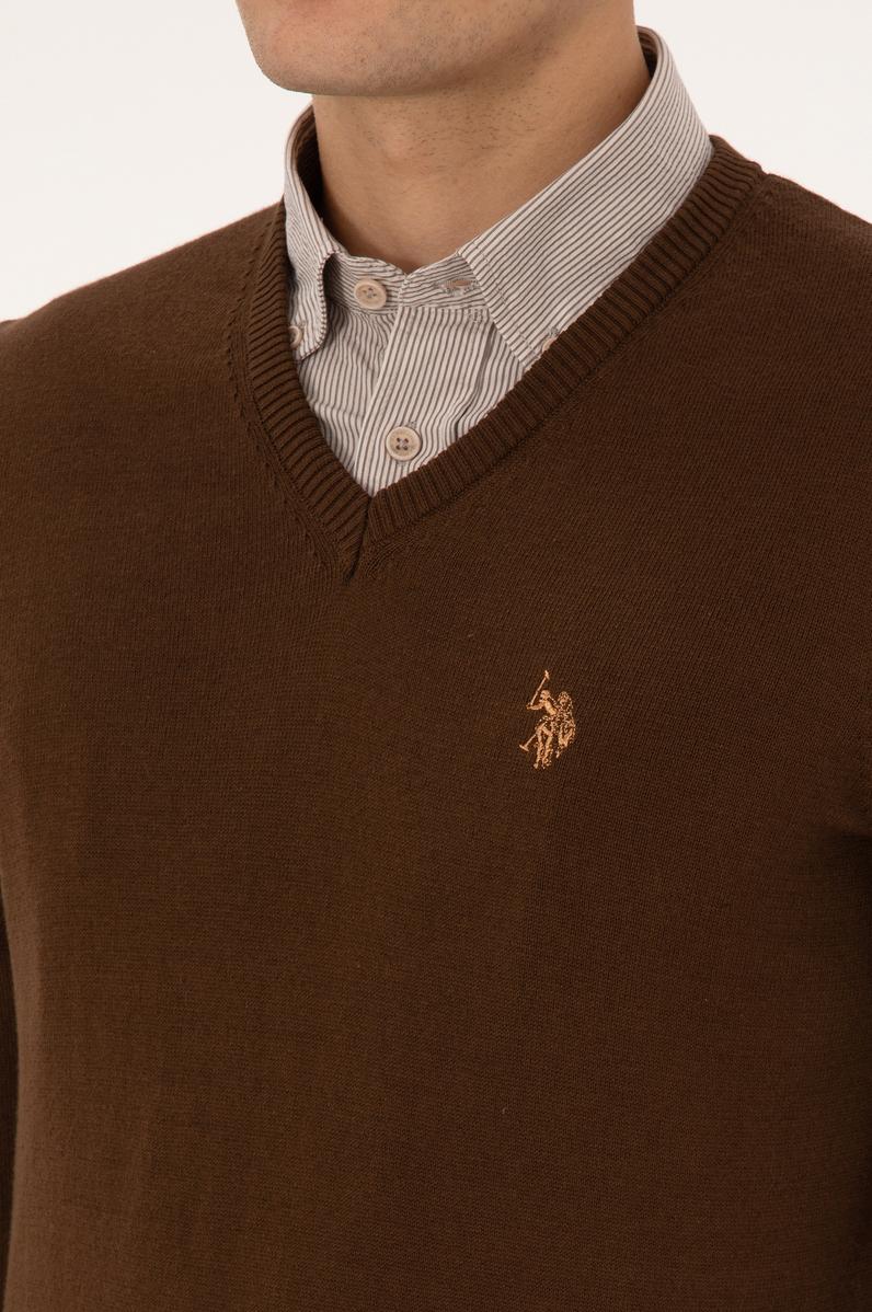 Erkek Slim Fit V Yaka Kahverengi Basic Triko Kazak