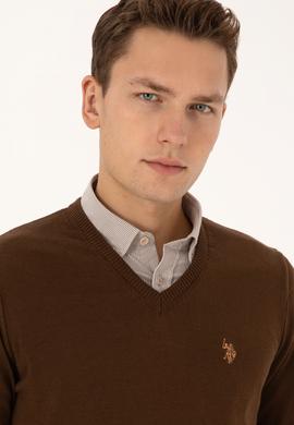 Erkek Slim Fit V Yaka Kahverengi Basic Triko Kazak - 50313662100