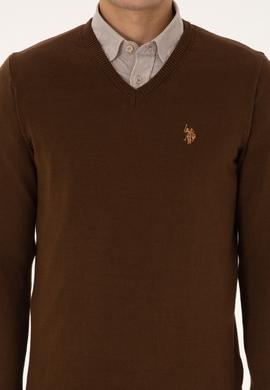 Erkek Slim Fit V Yaka Kahverengi Basic Triko Kazak - 50313662100