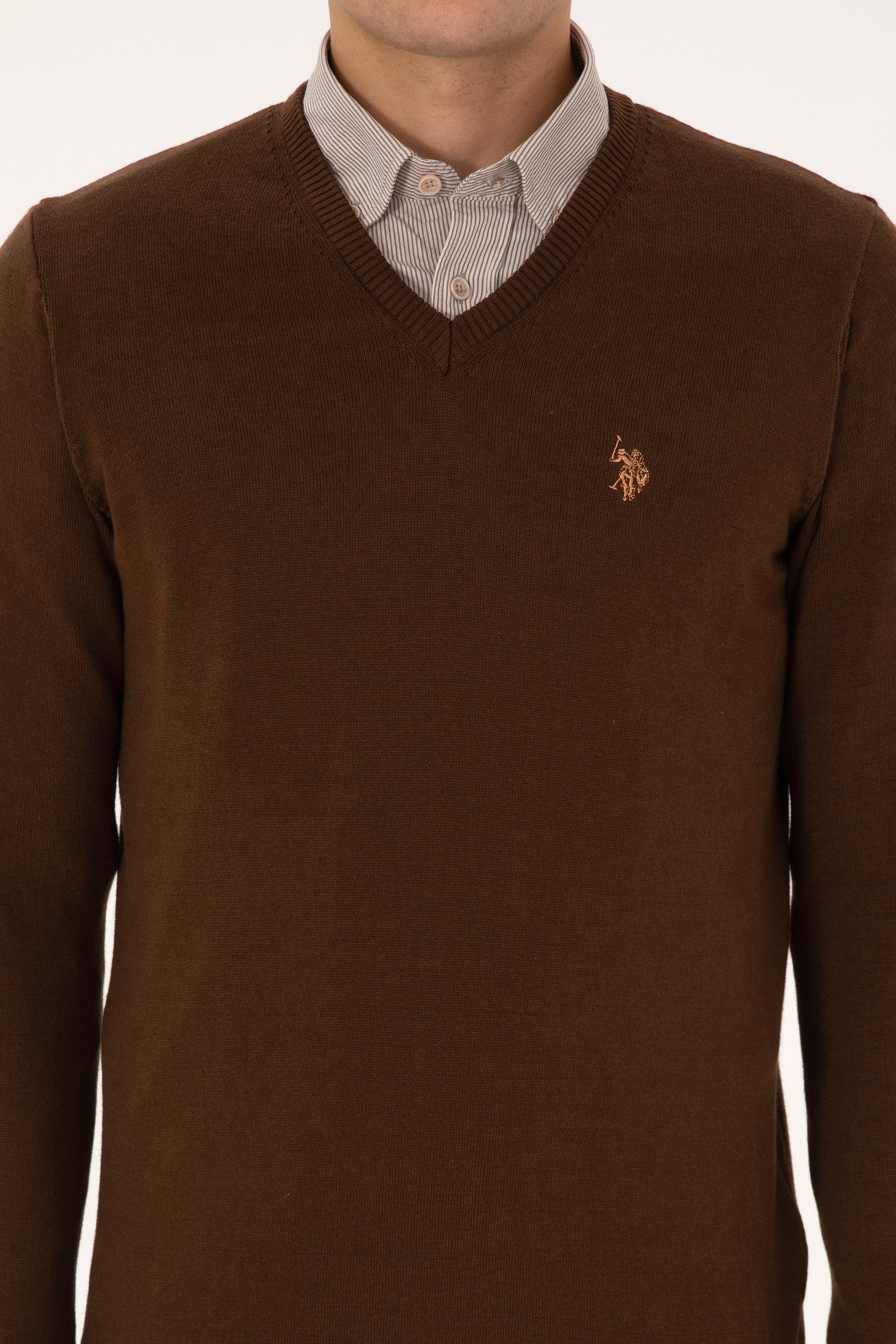 Erkek Slim Fit V Yaka Kahverengi Basic Triko Kazak