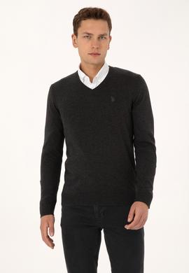 Erkek Slim Fit V Yaka Antrasit  Melanj Basic Triko Kazak - 50313662056
