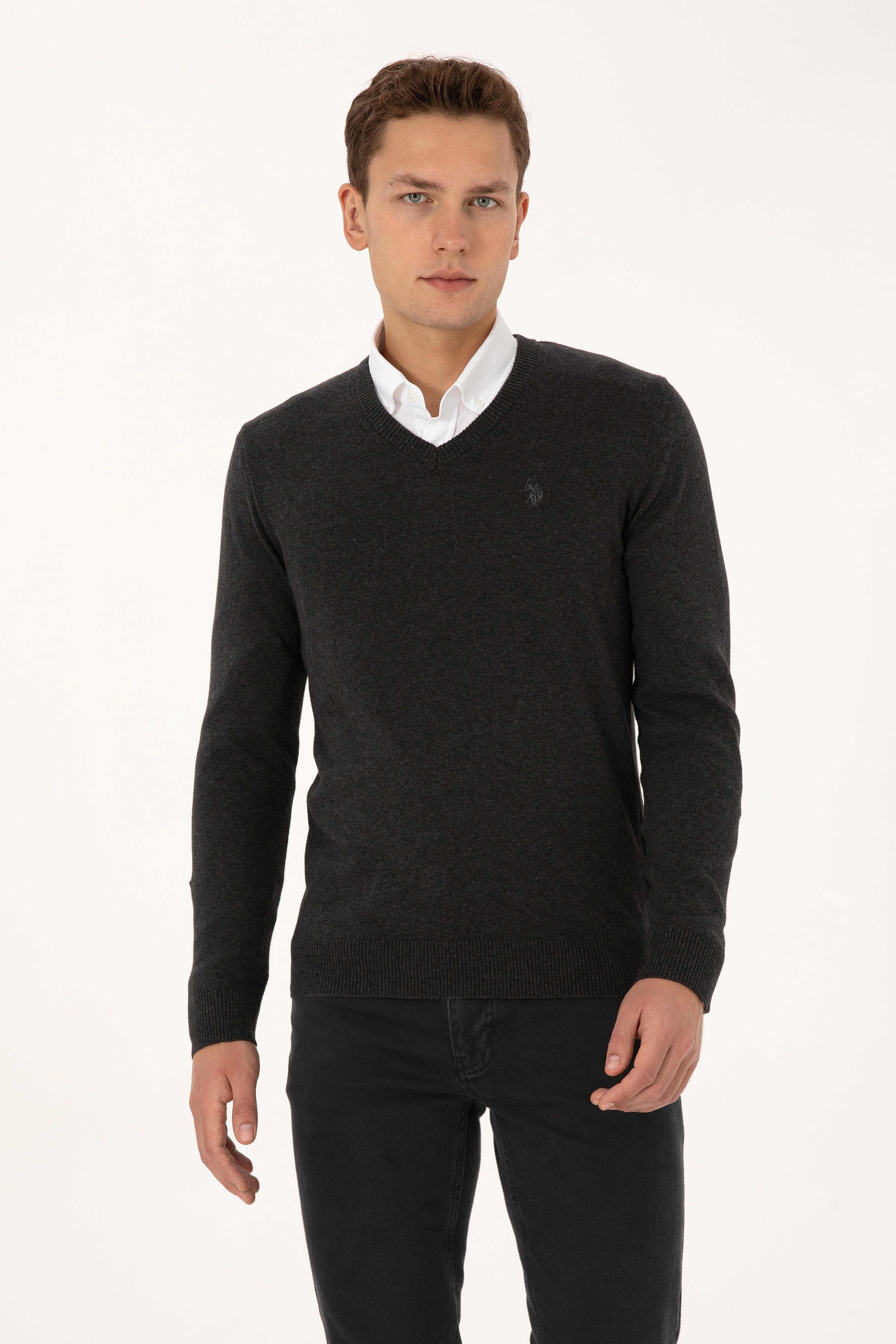 Erkek Slim Fit V Yaka Antrasit  Melanj Basic Triko Kazak